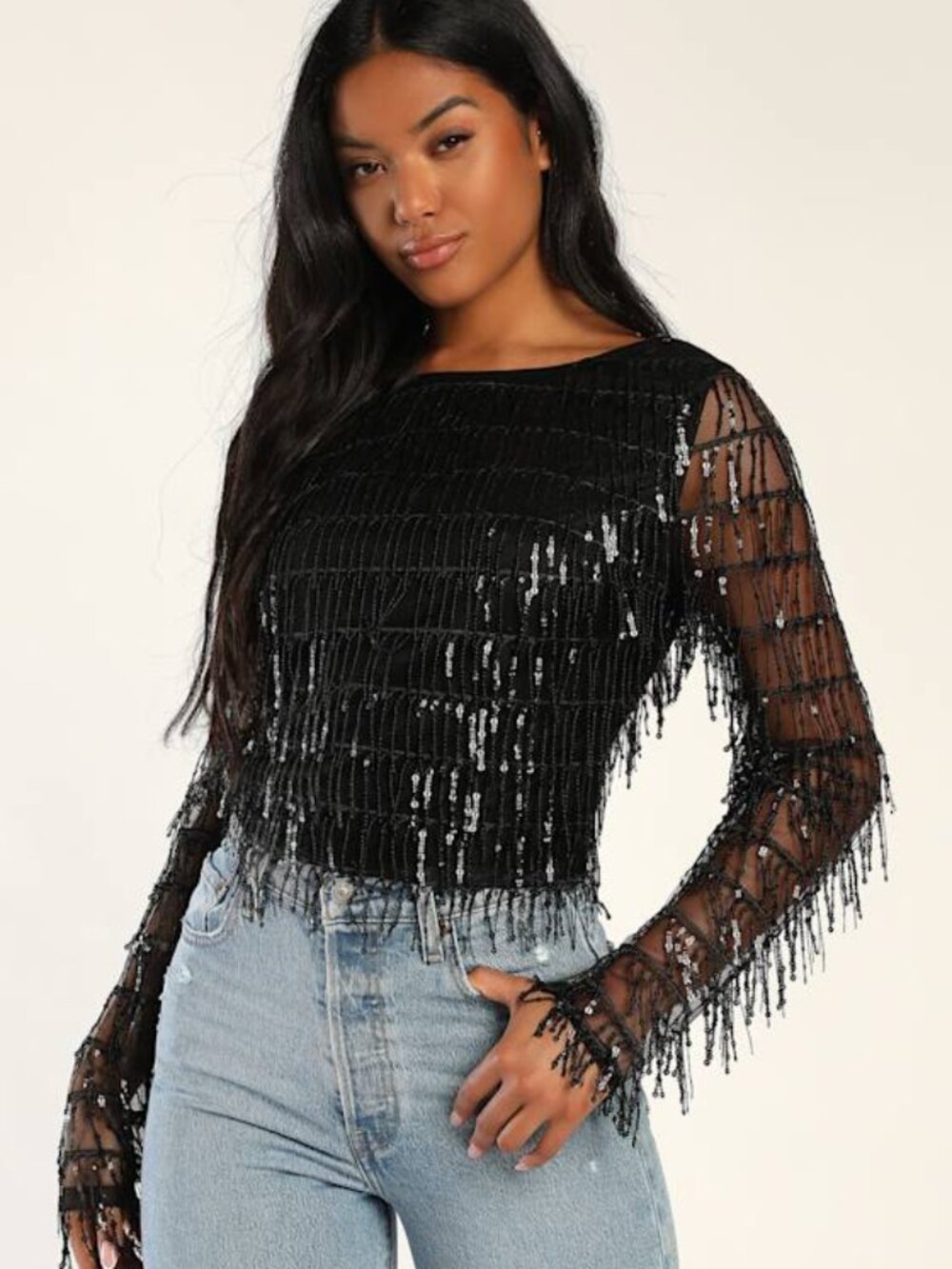 Lulus Glamorous Charm Black Sequin Fringe Long Sleeve Crop Top - Size S